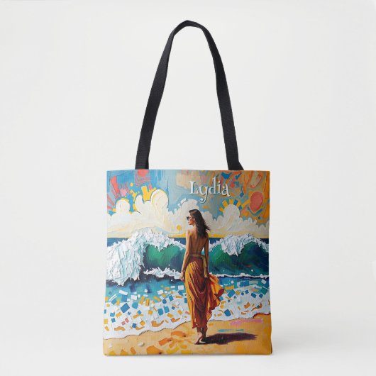 Woman on Beach Abstract Seaside Art Personalized Tote Bag (Voorkant)