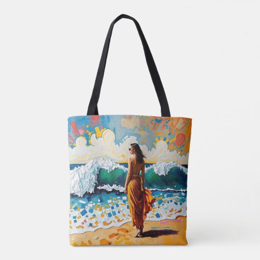 Woman on Beach Abstract Seaside Art Personalized Tote Bag (Achterkant)