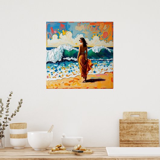 Woman on Beach Abstract Seaside Art  Poster (Keuken)