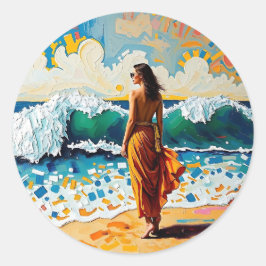 Woman on Beach Abstract Seaside Art Ronde Sticker