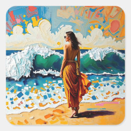 Woman on Beach Abstract Seaside Art Vierkante Sticker