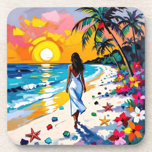 Woman on Beach Tropical Scene Bier Onderzetter (Voorkant)