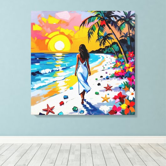 Woman on Beach Tropical Scene Canvas Afdruk (Insitu (Houten vloer))