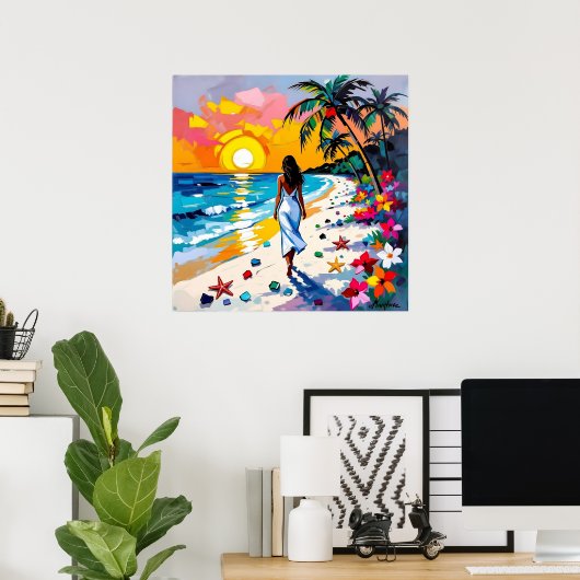 Woman on Beach Tropical Scene Poster (Thuiskantoor)