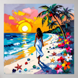 Woman on Beach Tropical Scene Poster