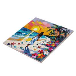 Woman on Beach Tropical Scene Tegeltje