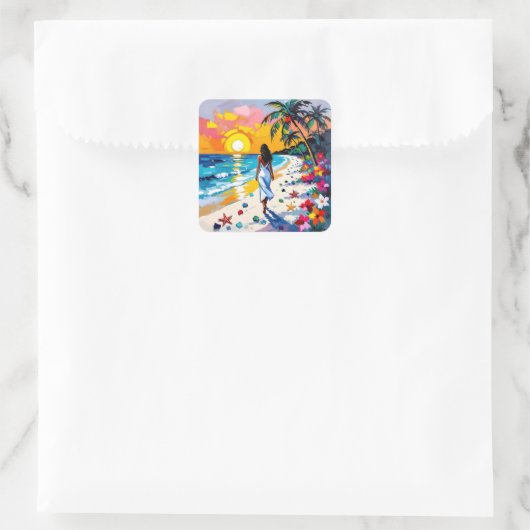 Woman on Beach Tropical Scene Vierkante Sticker (Tas)