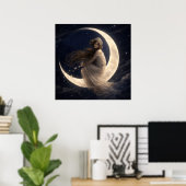 Woman On Crescent Moon With Flowers Poster (Thuiskantoor)