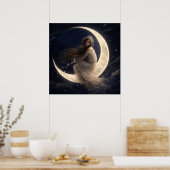 Woman On Crescent Moon With Flowers Poster (Keuken)