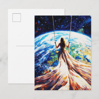 Woman on Swing Over Earth Impasto Oil Painting Briefkaart