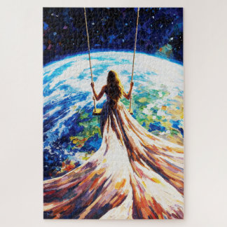 Woman on Swing Over Earth Impasto Oil Painting Legpuzzel