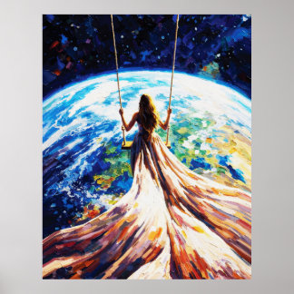 Woman on Swing Over Earth Impasto Oil Painting Poster