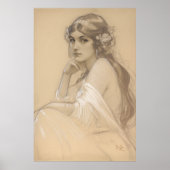Woman Pencil White Crayon Portrait Study Mucha Pos Poster (Voorkant)
