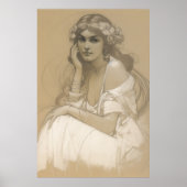 Woman Pencil White Crayon Portrait Study Mucha Poster (Voorkant)