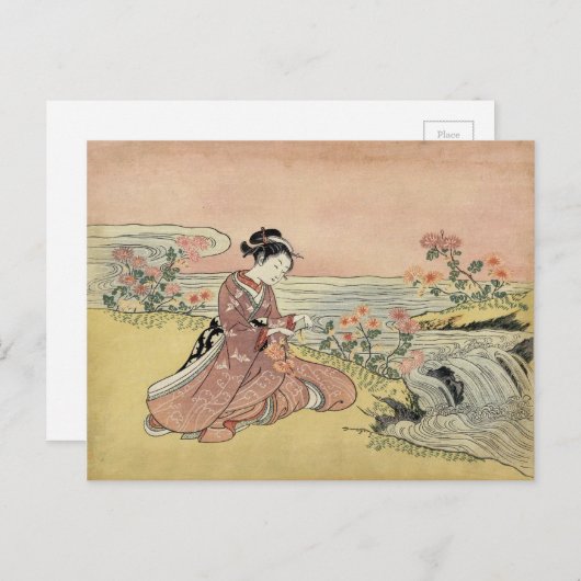 Woman picking chrysanthemums briefkaart (Voorkant / Achterkant)