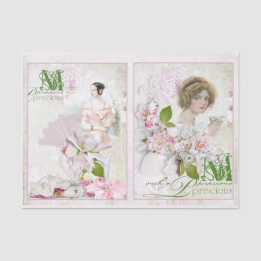 Woman Pink Floral Butterfly Lace Decoupage Tissuepapier (Voorkant)