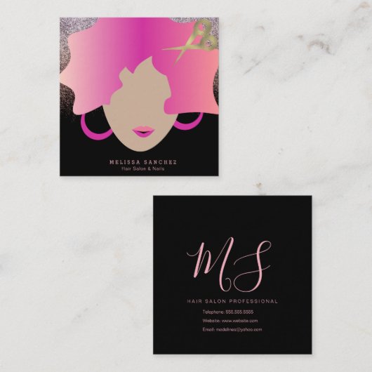 Woman Pink Hair Faux Gold Glitter Salon Beauty Vierkante Visitekaartje (Voorkant / Achterkant)