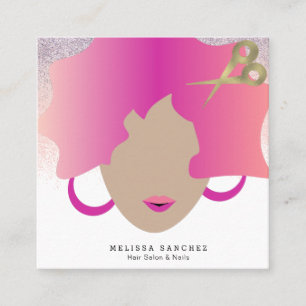 Woman Pink Hair Faux Gold Glitter Salon Beauty Vierkante Visitekaartje