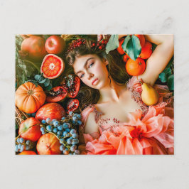 Woman reclining among fruits and petals briefkaart