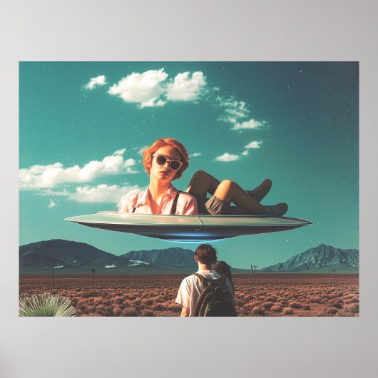 Woman Relaxing on UFO in Desert Poster (Voorkant)