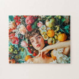 Woman surrounded by fruits and blossoms legpuzzel