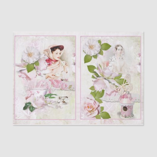  Woman Tea Pink Floral Bird House Ontkoppeling Tissuepapier (Voorkant)