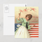 Woman US Flag Fireworks Firecracker Briefkaart (Voorkant / Achterkant)