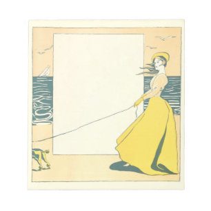 Woman Walking Dog op Strand Edward Penfield Notitieblok