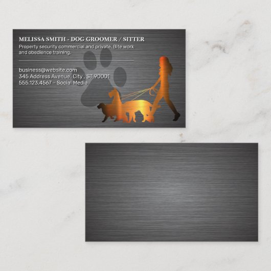 Woman Walking Dogs | Paw | Metaalstructuur Visitekaartje (Voorkant / Achterkant)