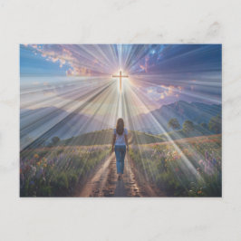 Woman Walking Toward Glowing Cross – Faith Journey Briefkaart