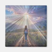 Woman Walking Toward Glowing Cross – Faith Journey Magneet (Voorkant)