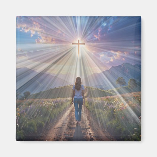 Woman Walking Toward Glowing Cross – Faith Journey Magneet (Voorkant)