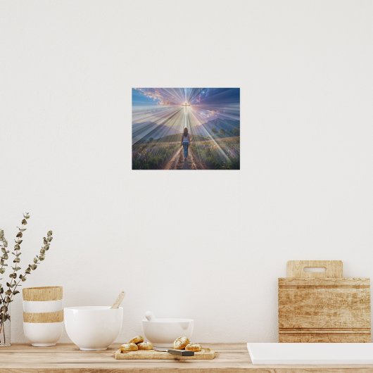 Woman Walking Toward Glowing Cross – Faith Journey Poster (Keuken)
