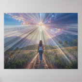 Woman Walking Toward Glowing Cross – Faith Journey Poster (Voorkant)