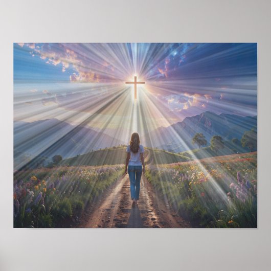 Woman Walking Toward Glowing Cross – Faith Journey Poster (Voorkant)