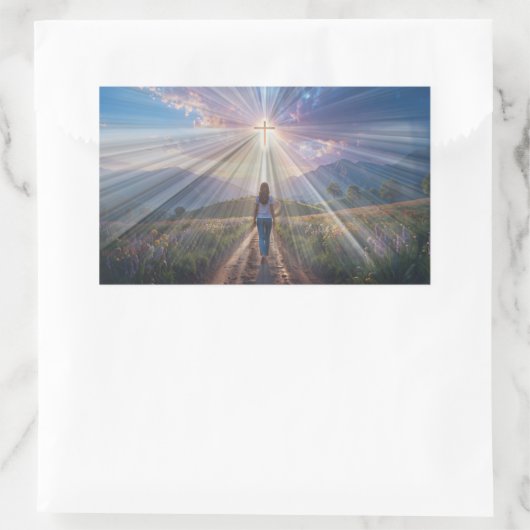 Woman Walking Toward Glowing Cross – Faith Journey Rechthoekige Sticker (Tas)