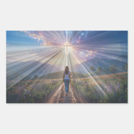 Woman Walking Toward Glowing Cross – Faith Journey Rechthoekige Sticker