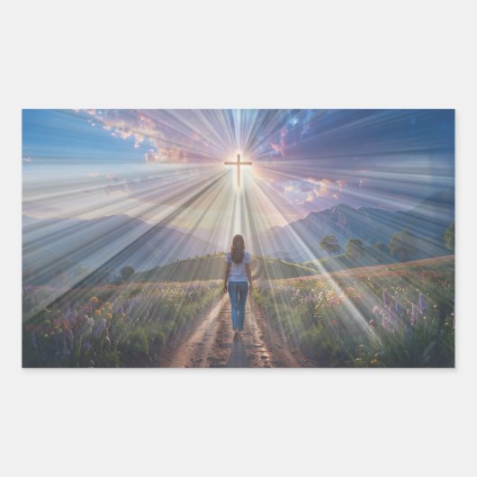 Woman Walking Toward Glowing Cross – Faith Journey Rechthoekige Sticker (Voorkant)