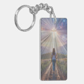 Woman Walking Toward Glowing Cross – Faith Journey Sleutelhanger (Voorkant Links)
