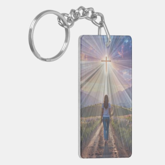 Woman Walking Toward Glowing Cross – Faith Journey Sleutelhanger (Voorkant Links)