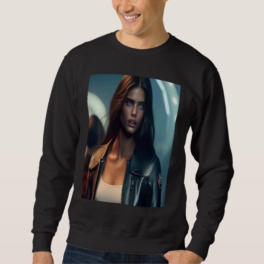 Woman Wearing Black Leather Biker Jacket Look Outf Trui (Voorkant)