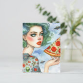 Woman with a big slice of pizza and UFOs Briefkaart (Staand voorkant)