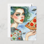 Woman with a big slice of pizza and UFOs Briefkaart (Voorkant / Achterkant)