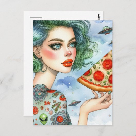 Woman with a big slice of pizza and UFOs Briefkaart (Voorkant / Achterkant)