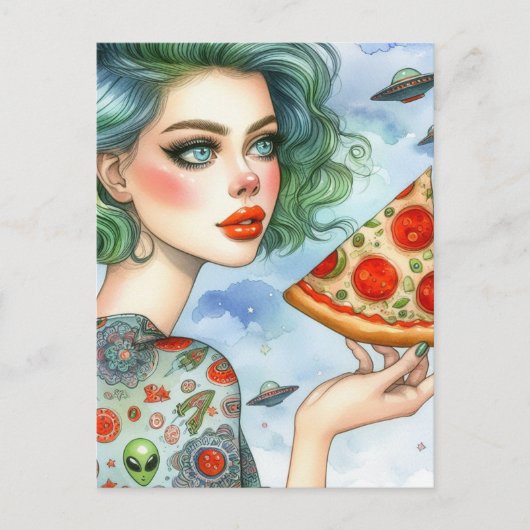 Woman with a big slice of pizza and UFOs Briefkaart (Voorkant)