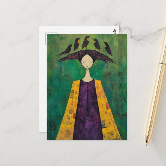Woman With Birds on Her Head Briefkaart (Voorkant / Achterkant in situ)