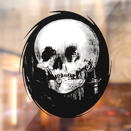 Woman With Halloween Cranium Reflection In Mirror Raamsticker (Vel 2)