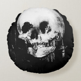 Woman with Halloween Skull Reflection In Mirror Rond Kussen
