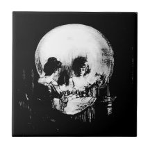 Woman with Halloween Skull Reflection In Mirror