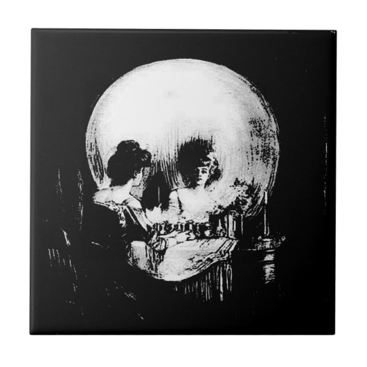 Woman with Halloween Skull Reflection In Mirror Tegeltje (Voorkant)